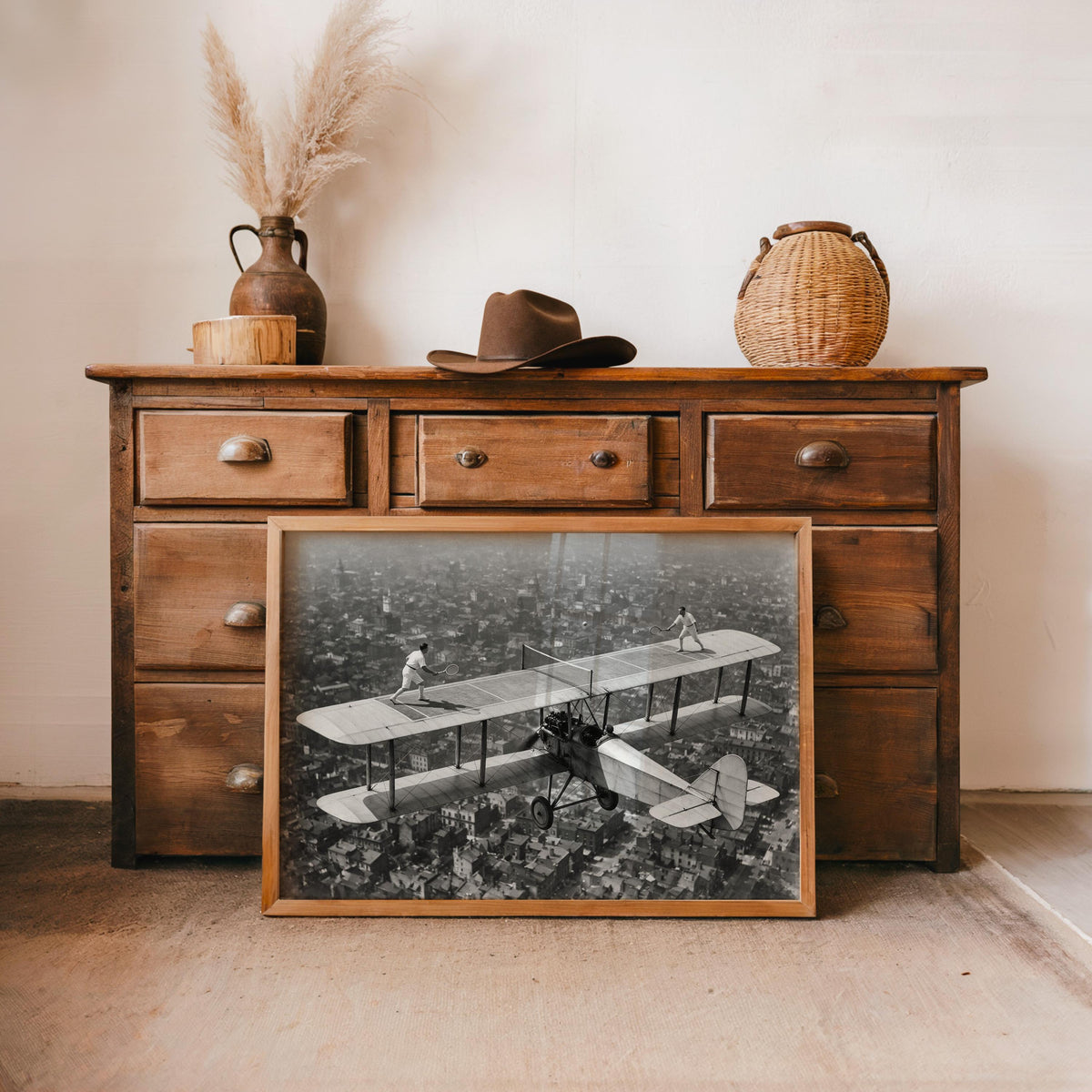 Tennis on Airplane Print, Surreal Aviation Wall Art, Vintage Black and White Sport Poster, Retro Airline Flying Scene, Funny Old School Gift