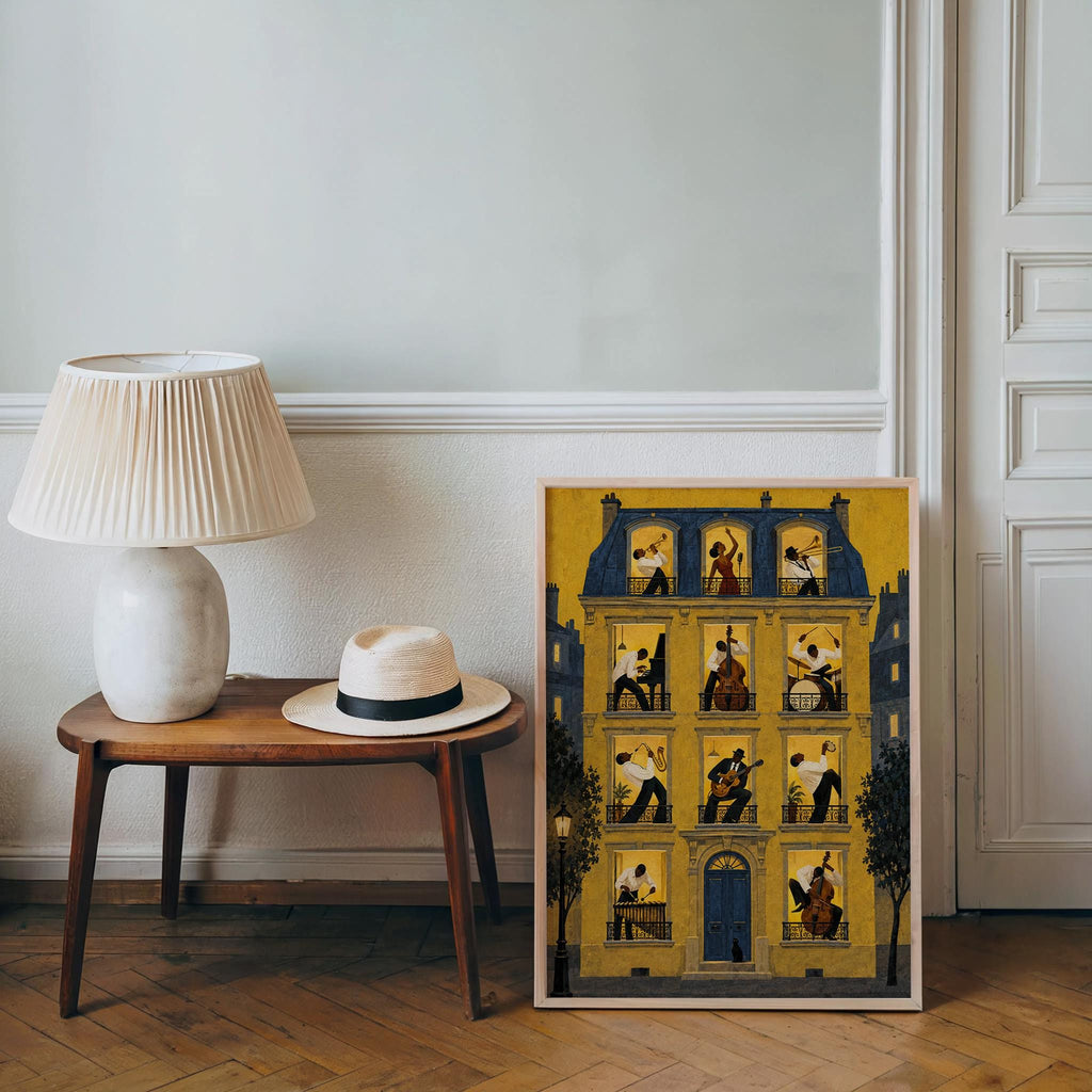 Jazz Music House Print, Black Musicians in Windows Wall Art, Afrocentric Soul Decor, French European Street, Trumpet Piano Guitar & Drums