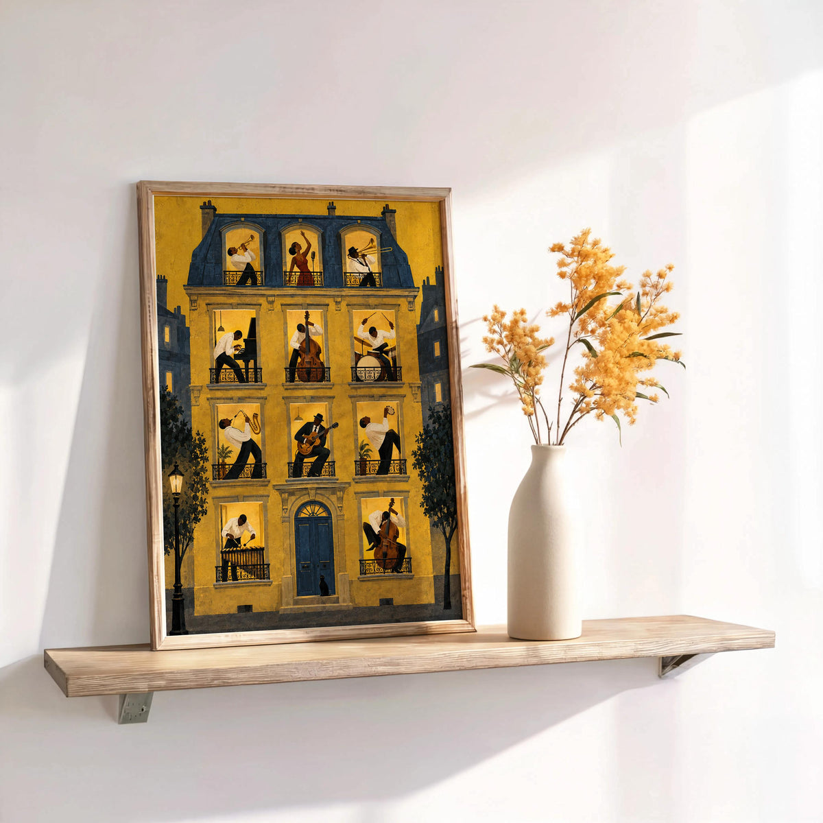 Jazz Music House Print, Black Musicians in Windows Wall Art, Afrocentric Soul Decor, French European Street, Trumpet Piano Guitar & Drums