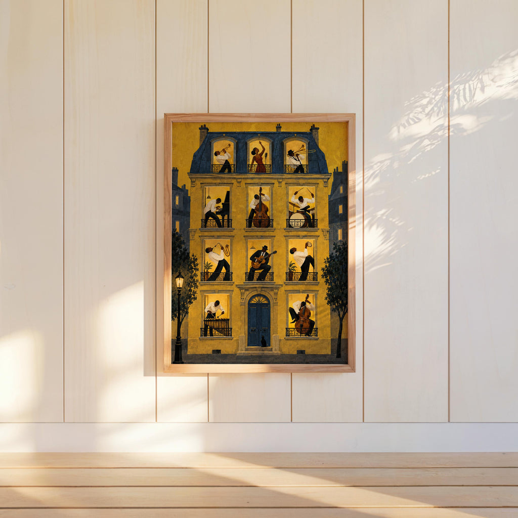 Jazz Music House Print, Black Musicians in Windows Wall Art, Afrocentric Soul Decor, French European Street, Trumpet Piano Guitar & Drums