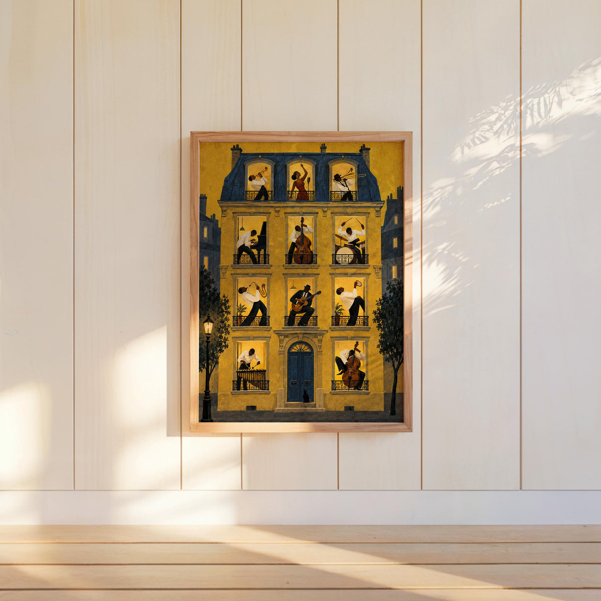 Jazz Music House Print, Black Musicians in Windows Wall Art, Afrocentric Soul Decor, French European Street, Trumpet Piano Guitar & Drums