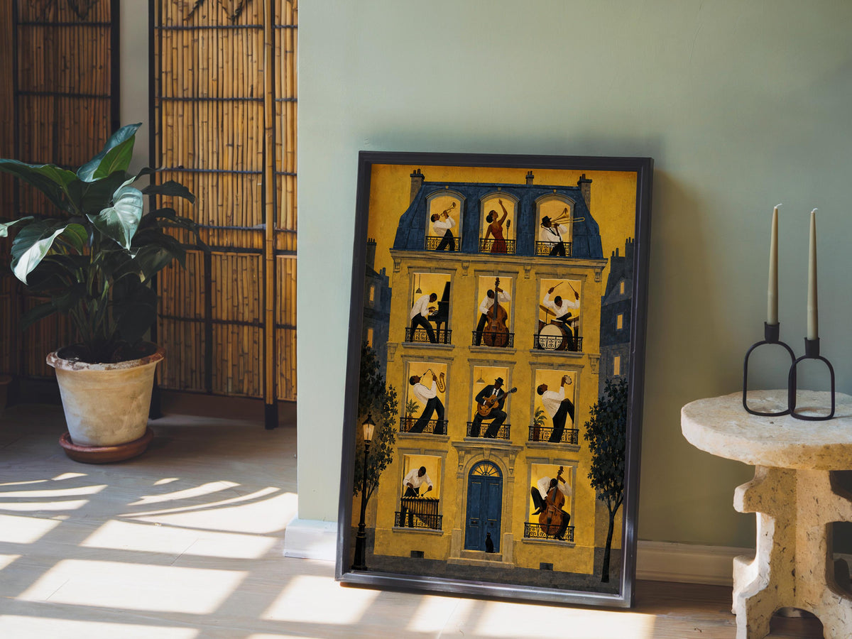 Jazz Music House Print, Black Musicians in Windows Wall Art, Afrocentric Soul Decor, French European Street, Trumpet Piano Guitar & Drums
