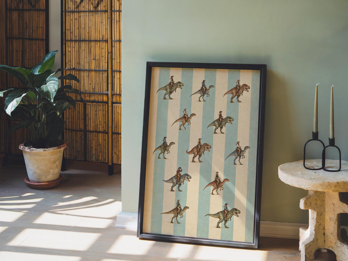 Cowboy Riding Dinosaur Wall Art, Vintage Striped Western Print, Retro T-Rex Rider Poster, Funny Ranch Decor, Quirky Americana Nursery Gift