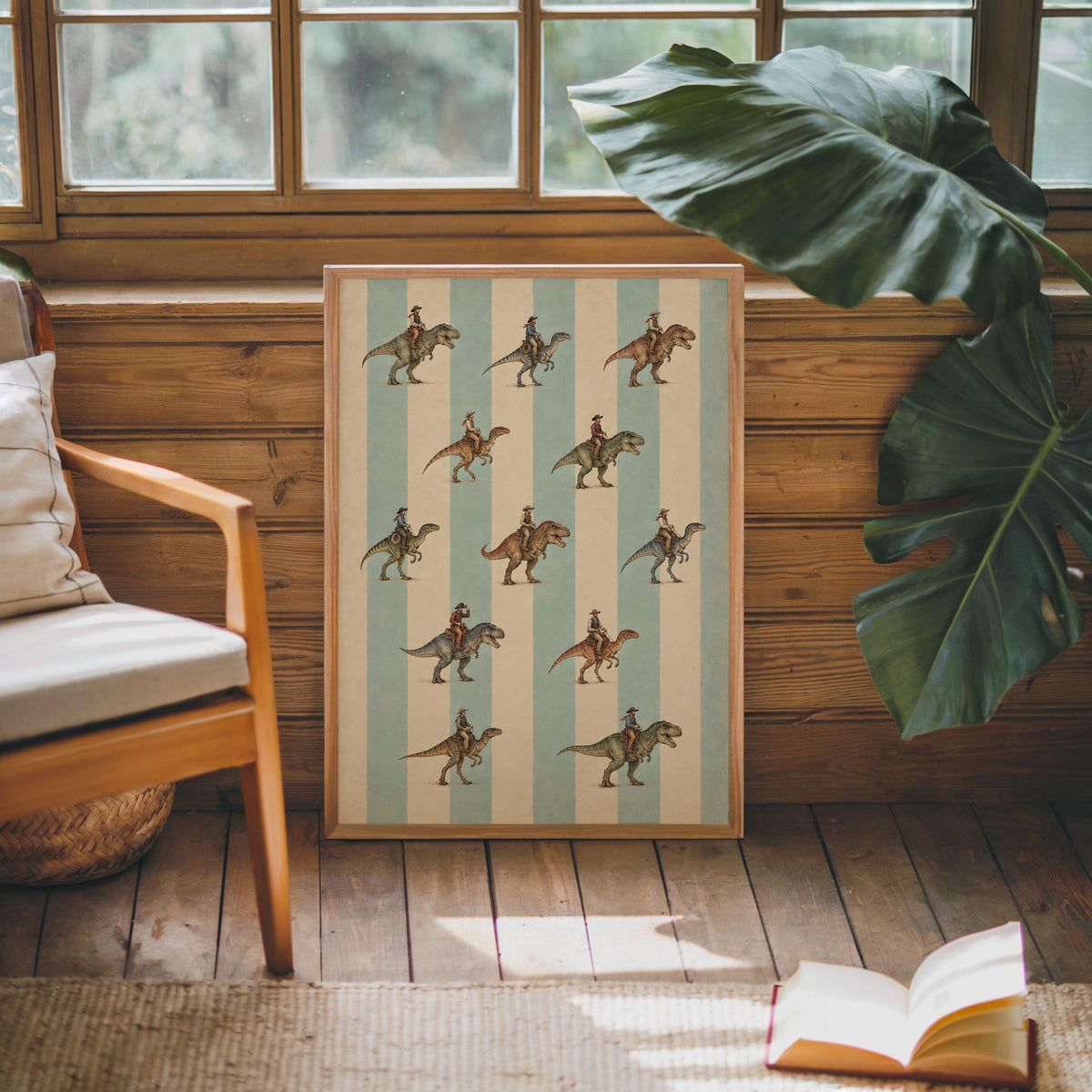 Cowboy Riding Dinosaur Wall Art, Vintage Striped Western Print, Retro T-Rex Rider Poster, Funny Ranch Decor, Quirky Americana Nursery Gift