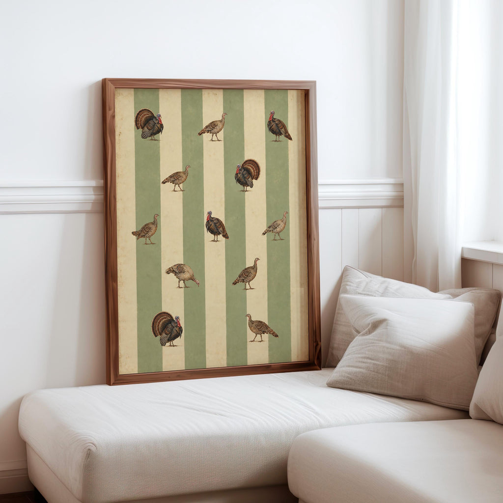 Vintage Turkey Thanksgiving Print, Striped Antique Bird Wall Art, Rustic Fall Farmhouse Poster, Autumn Kitchen Decor, Thanksgiving Gift