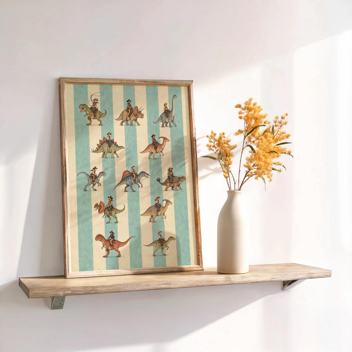 Cowboy dinosaur art print angled on a rustic shelf beside dried flowers, vintage dinosaur print vibe