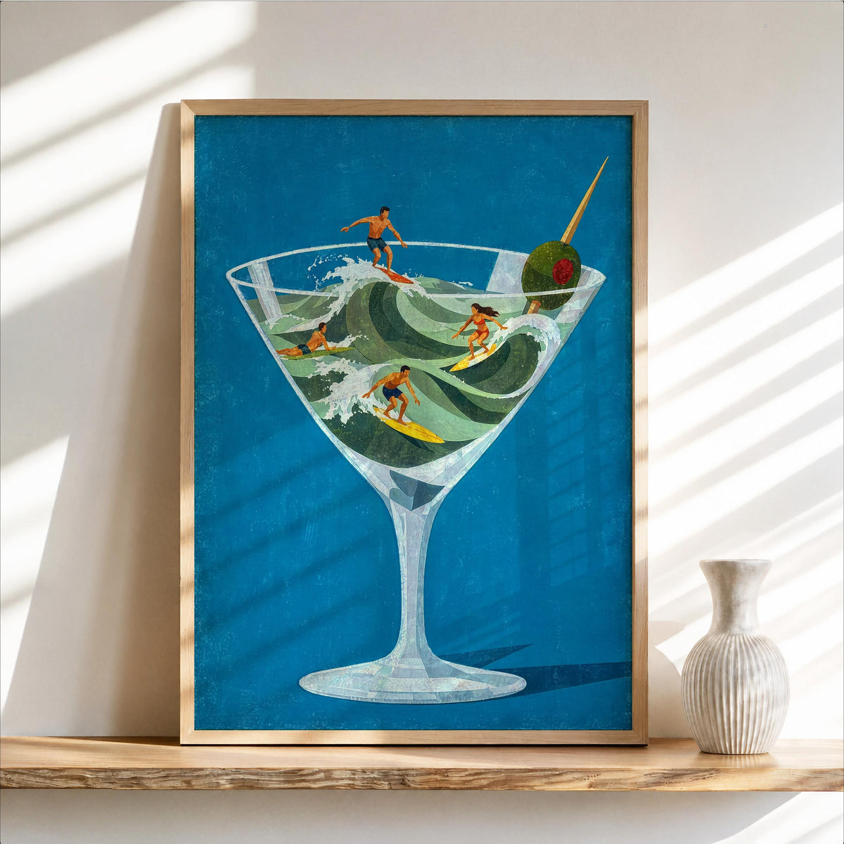 Martini Surfers Print, Tiny People on Cocktail Waves, Retro Bar Decor, Beach Lover Gift, Vibrant Surreal Cin Cin Poster