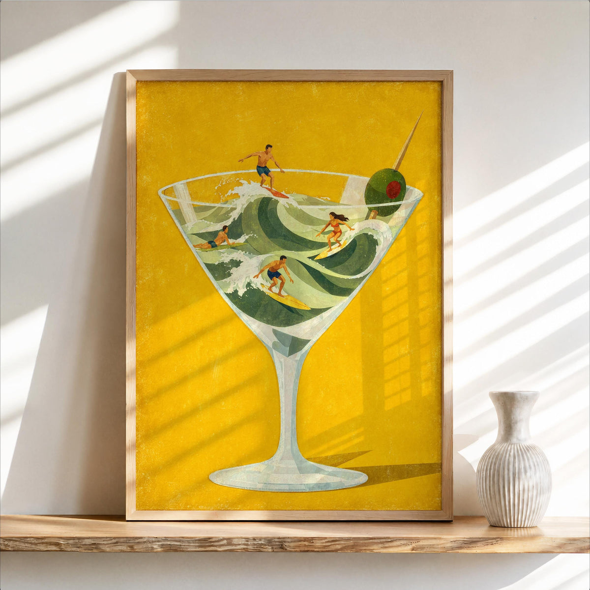 Martini Surfers Print, Tiny People on Cocktail Waves, Retro Bar Decor, Beach Lover Gift, Vibrant Surreal Cin Cin Poster