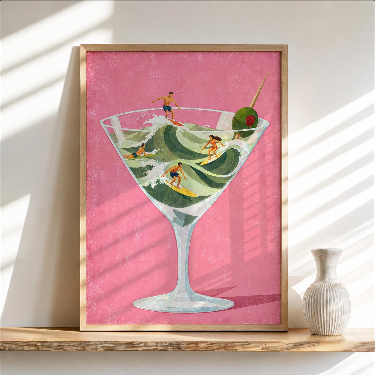 Martini Surfers Print, Tiny People on Cocktail Waves, Retro Bar Decor, Beach Lover Gift, Vibrant Surreal Cin Cin Poster