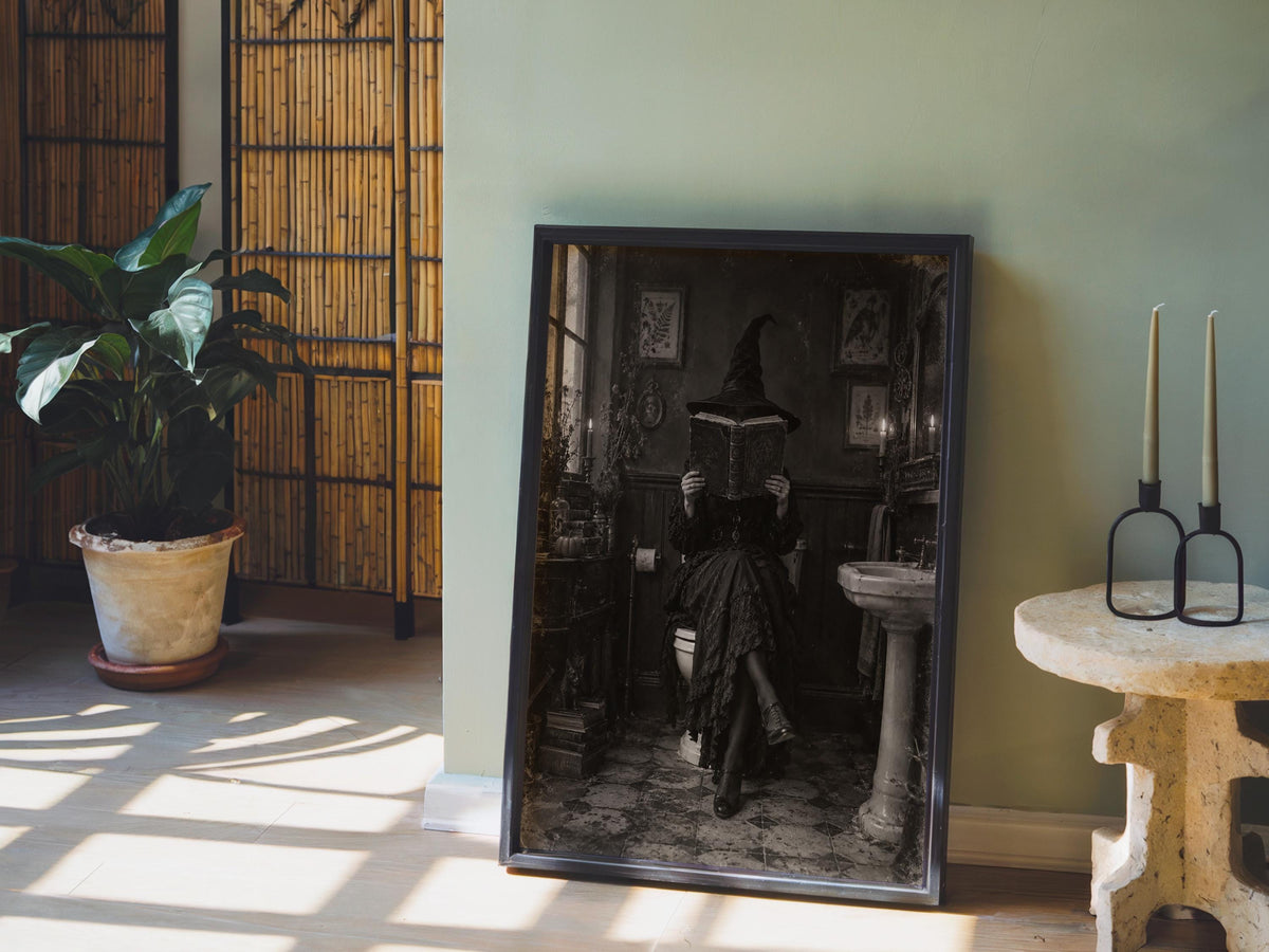 Halloween Witch Reading on Toilet Print, Funny Witchy Bookish Wall Art, Gothic Spooky Bathroom Poster, Antique Black White Book Lover Decor