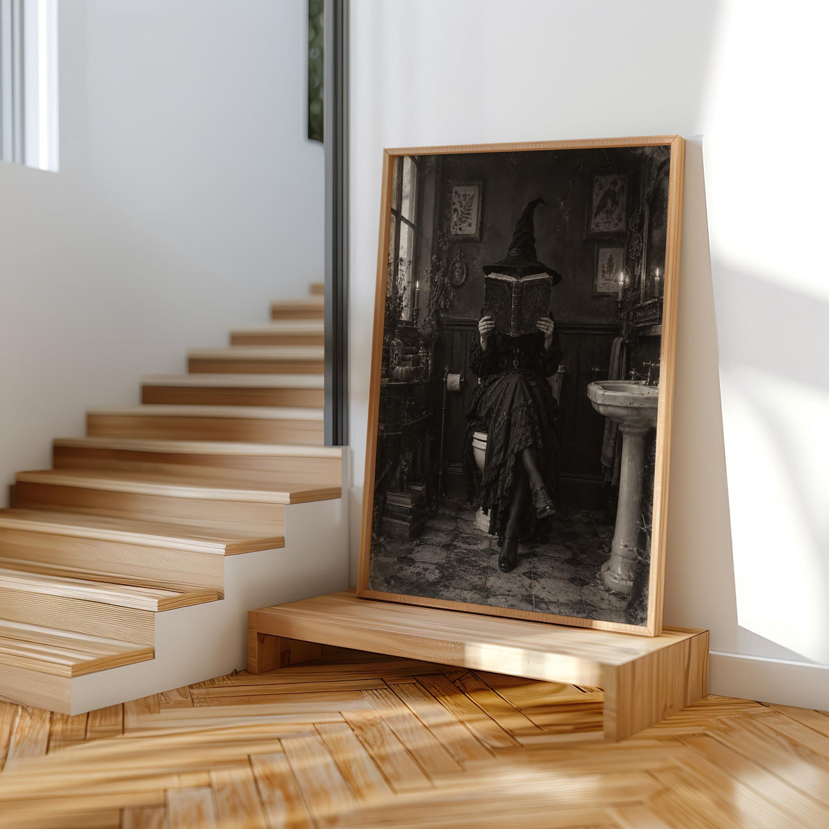 Halloween Witch Reading on Toilet Print, Funny Witchy Bookish Wall Art, Gothic Spooky Bathroom Poster, Antique Black White Book Lover Decor