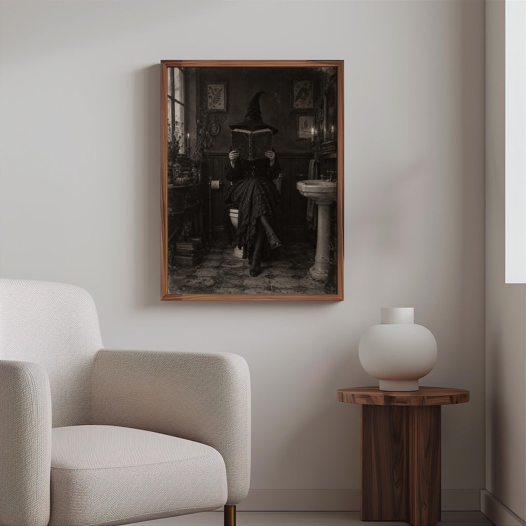 Halloween Witch Reading on Toilet Print, Funny Witchy Bookish Wall Art, Gothic Spooky Bathroom Poster, Antique Black White Book Lover Decor
