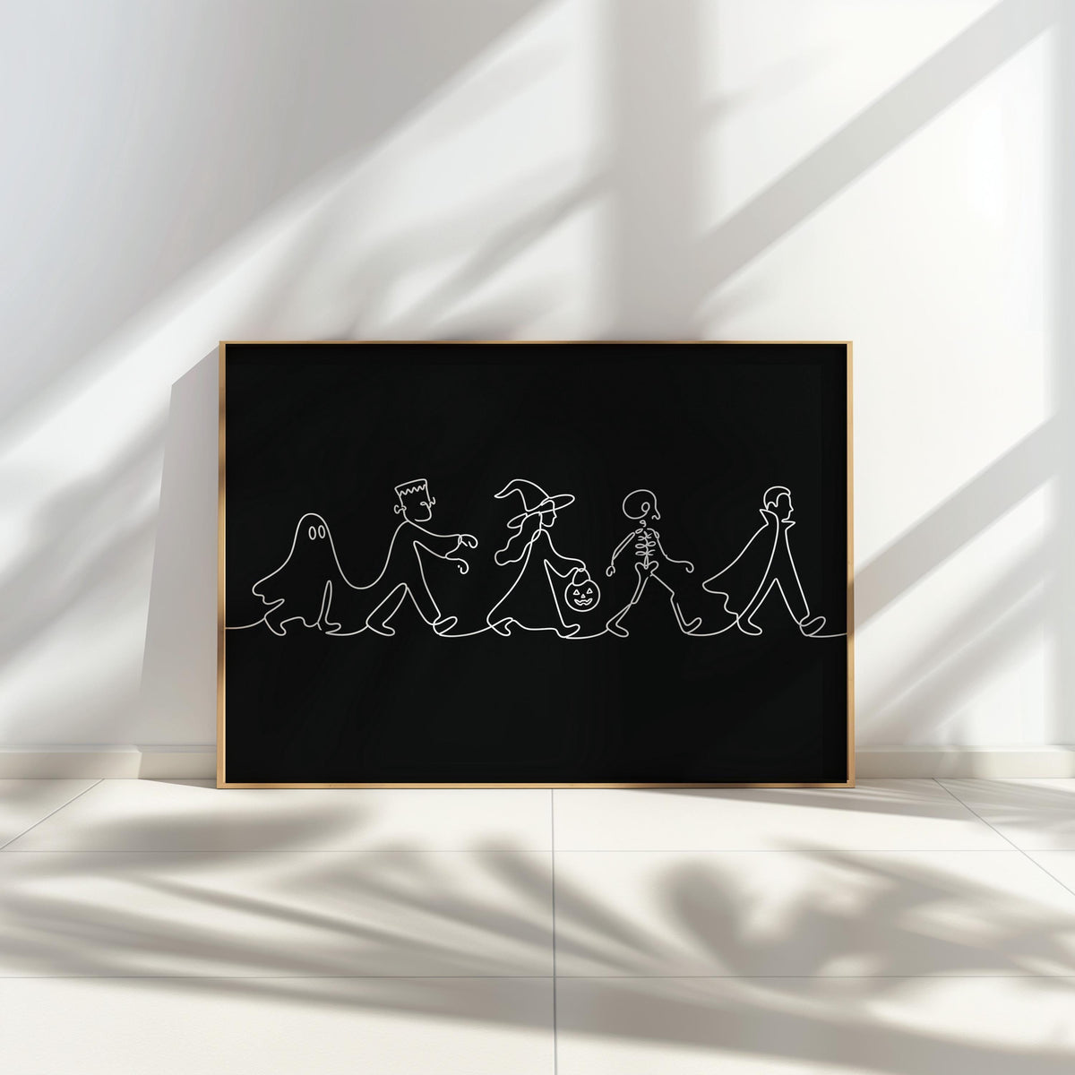 Minimalist Halloween Line Art, Ghost Witch & Skeleton Wall Print, Spooky Season Kids Parade Illustration, Modern Kids Decor, Seasonal Gift