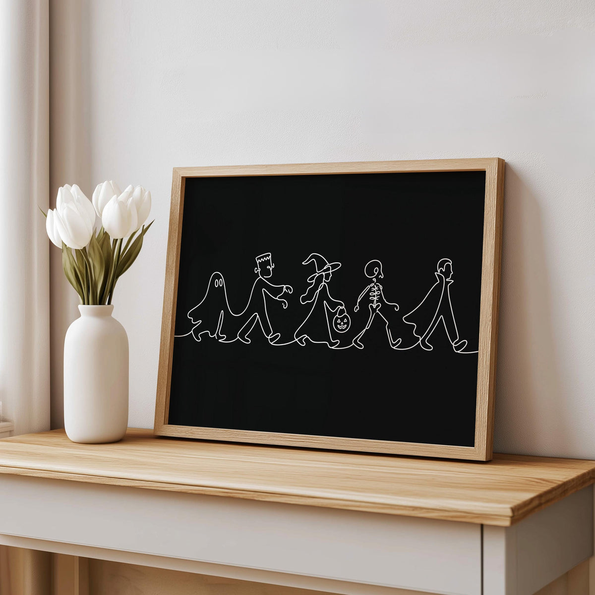 Minimalist Halloween Line Art, Ghost Witch & Skeleton Wall Print, Spooky Season Kids Parade Illustration, Modern Kids Decor, Seasonal Gift