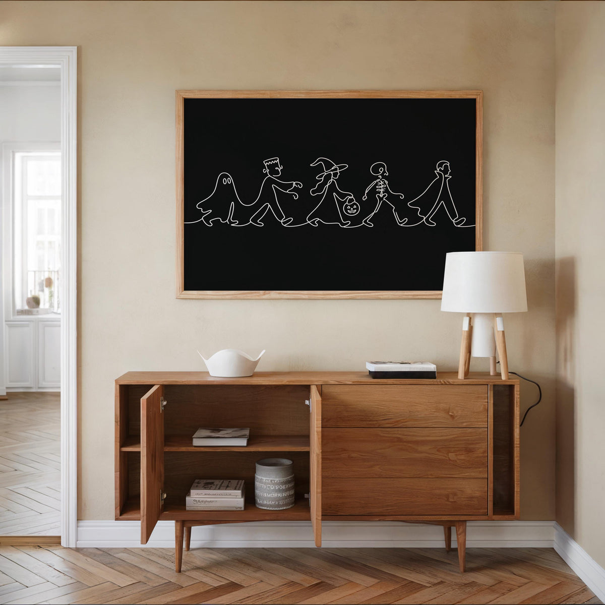 Minimalist Halloween Line Art, Ghost Witch & Skeleton Wall Print, Spooky Season Kids Parade Illustration, Modern Kids Decor, Seasonal Gift