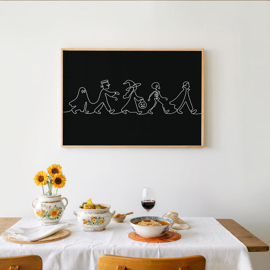 Minimalist Halloween Line Art, Ghost Witch & Skeleton Wall Print, Spooky Season Kids Parade Illustration, Modern Kids Decor, Seasonal Gift