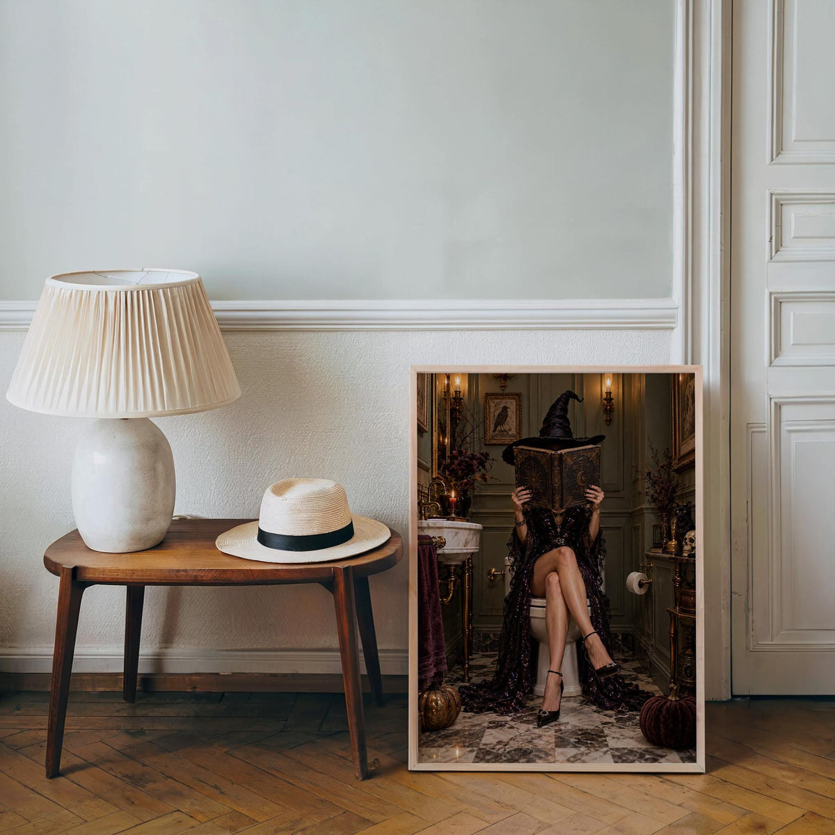 Witch Reading on Toilet Wall Art, Funny Vintage Halloween Print, Gothic Bathroom Poster, Elegant Spooky Decor, Witchy Restroom Dark Academia