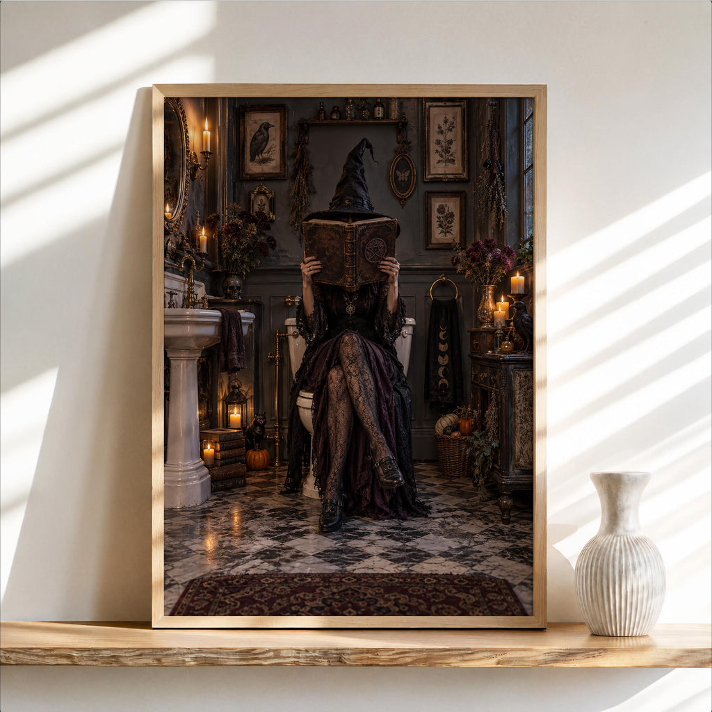 Funny Witch on Toilet Print, Vintage Halloween Bathroom Wall Art, Dark Moody Poster, Haunted Decor, Witchy Quirky Loo Sign Gift
