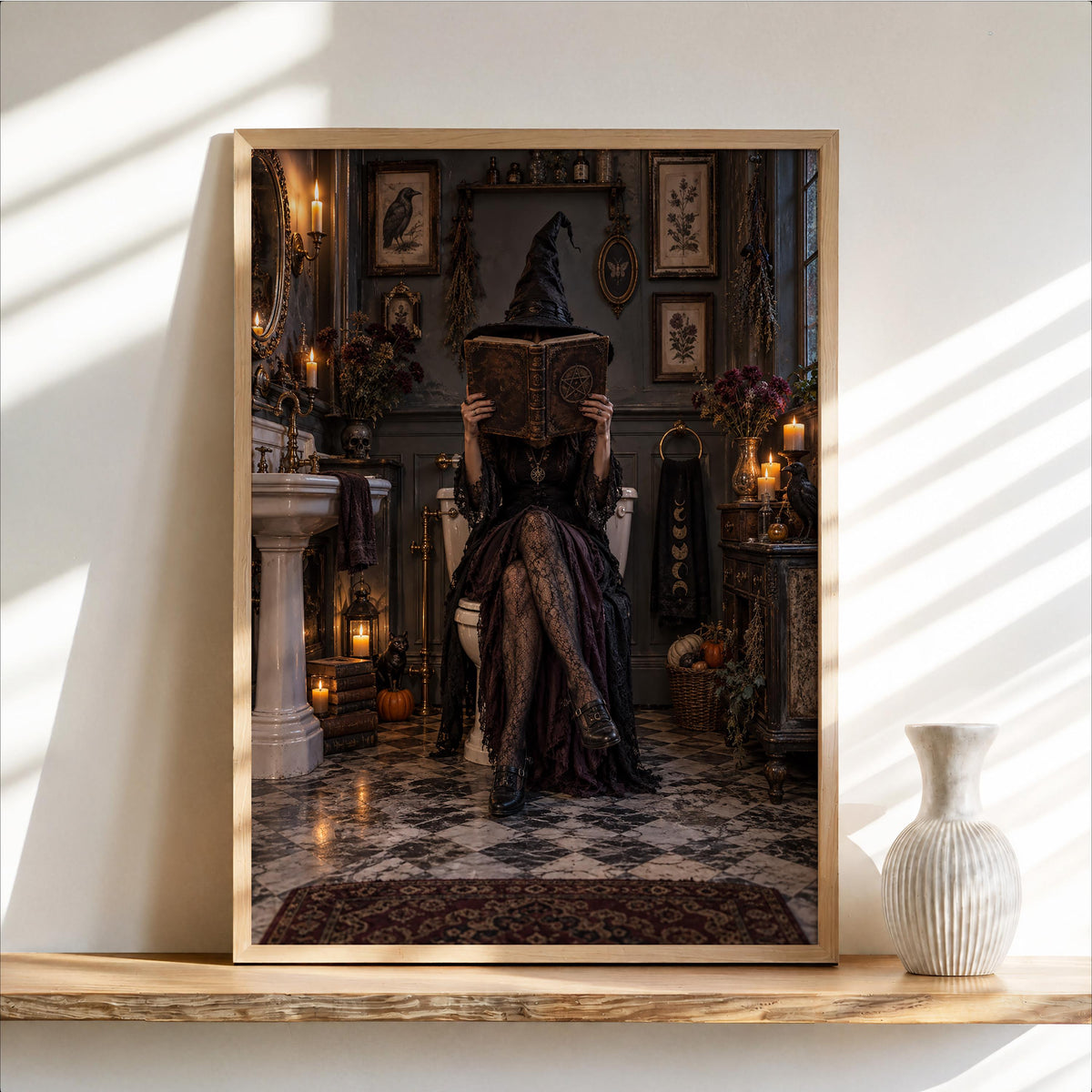 Funny Witch on Toilet Print, Vintage Halloween Bathroom Wall Art, Dark Moody Poster, Haunted Decor, Witchy Quirky Loo Sign Gift
