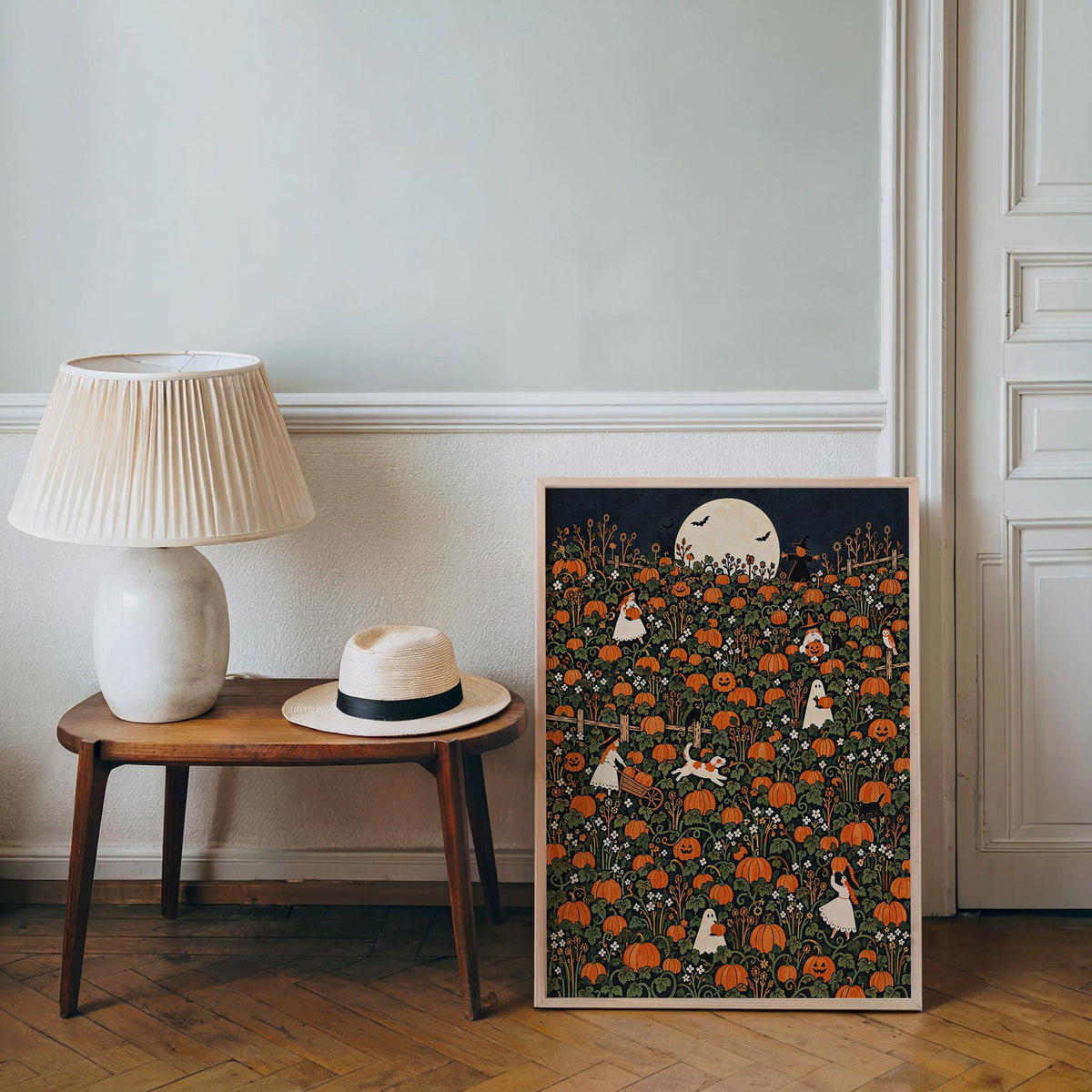 Pumpkin Patch Halloween Harvest Print, Whimsical Ghost Wall Art, Autumn Fall Poster, Folk Illustration, Spooky Season Gift, Kids Room Decor