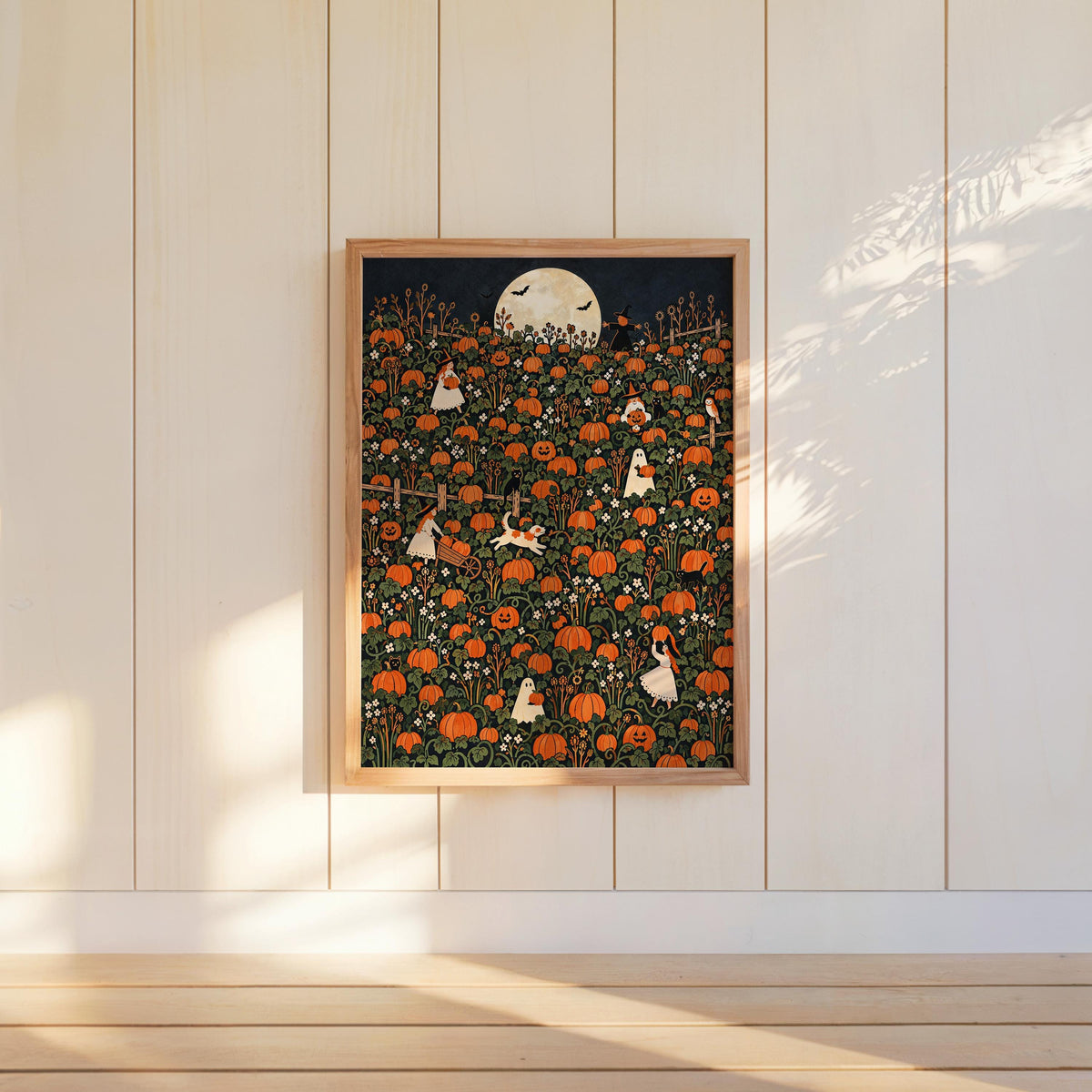 Pumpkin Patch Halloween Harvest Print, Whimsical Ghost Wall Art, Autumn Fall Poster, Folk Illustration, Spooky Season Gift, Kids Room Decor