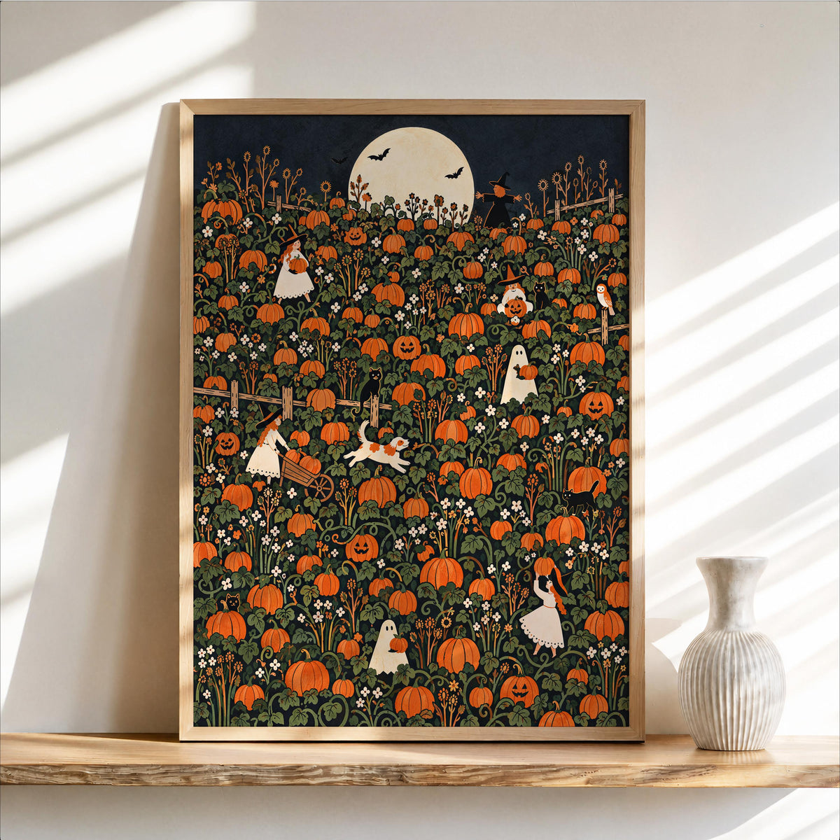 Pumpkin Patch Halloween Harvest Print, Whimsical Ghost Wall Art, Autumn Fall Poster, Folk Illustration, Spooky Season Gift, Kids Room Decor