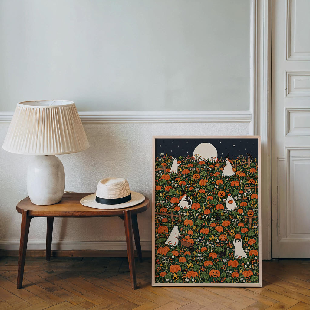 Halloween Pumpkin Patch Wall Art, Whimsical Autumn Harvest Poster, Moonlit Fall Decor, Ghost, Witch, Cat Pumpkin Lover Gift