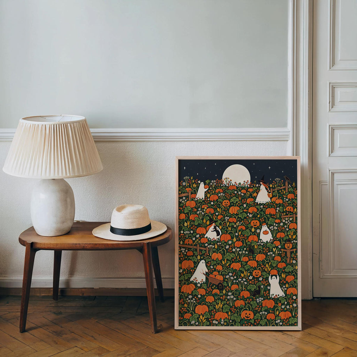 Halloween Pumpkin Patch Wall Art, Whimsical Autumn Harvest Poster, Moonlit Fall Decor, Ghost, Witch, Cat Pumpkin Lover Gift