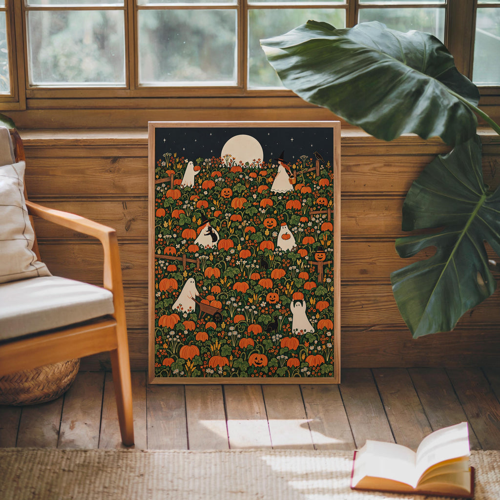 Halloween Pumpkin Patch Wall Art, Whimsical Autumn Harvest Poster, Moonlit Fall Decor, Ghost, Witch, Cat Pumpkin Lover Gift