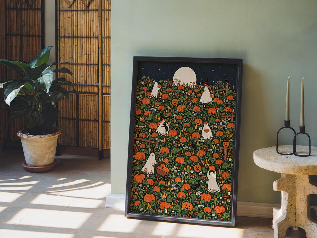 Halloween Pumpkin Patch Wall Art, Whimsical Autumn Harvest Poster, Moonlit Fall Decor, Ghost, Witch, Cat Pumpkin Lover Gift