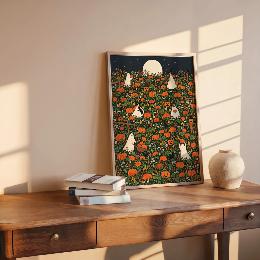 Halloween Pumpkin Patch Wall Art, Whimsical Autumn Harvest Poster, Moonlit Fall Decor, Ghost, Witch, Cat Pumpkin Lover Gift
