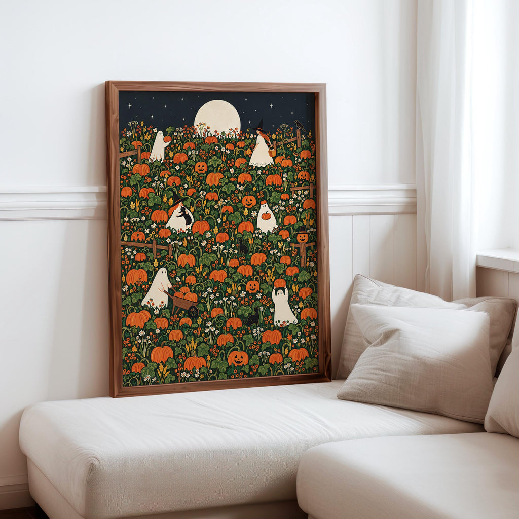 Halloween Pumpkin Patch Wall Art, Whimsical Autumn Harvest Poster, Moonlit Fall Decor, Ghost, Witch, Cat Pumpkin Lover Gift