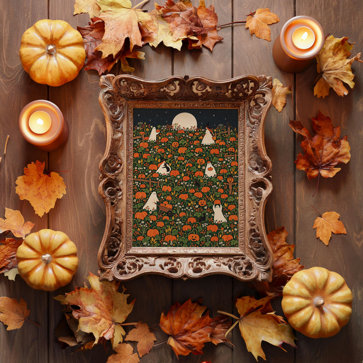 Halloween Pumpkin Patch Wall Art, Whimsical Autumn Harvest Poster, Moonlit Fall Decor, Ghost, Witch, Cat Pumpkin Lover Gift