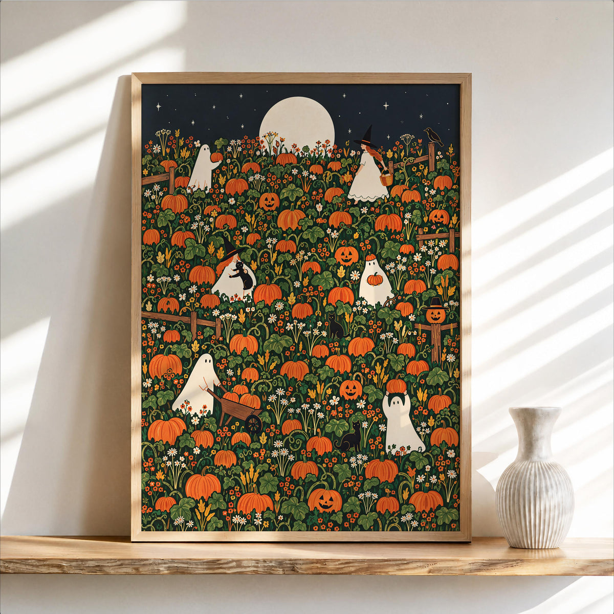Halloween Pumpkin Patch Wall Art, Whimsical Autumn Harvest Poster, Moonlit Fall Decor, Ghost, Witch, Cat Pumpkin Lover Gift
