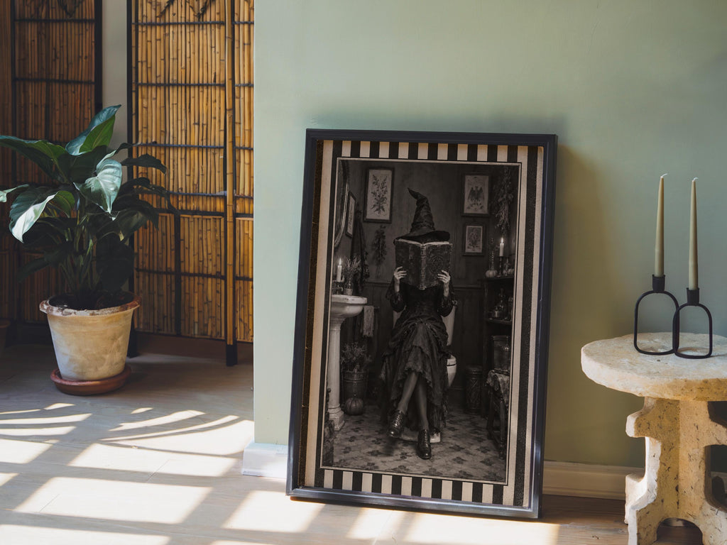 Witch Bathroom Print, Funny Reading Witch Wall Art, Retro Striped Gothic Poster, Spooky Season Home Decor, Halloween Witchy Gift