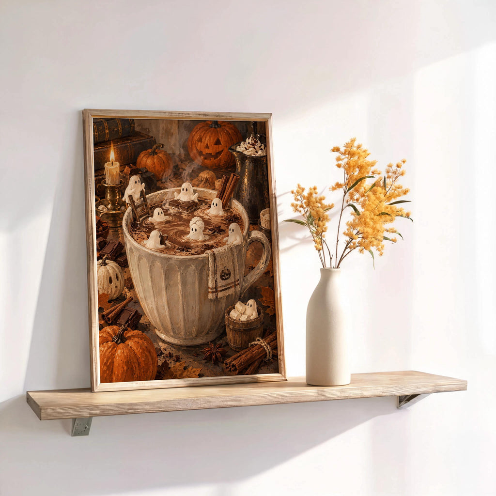 Halloween Hot Chocolate Wall Art, Tiny Marshmallow Ghosts Mug Print, Cozy Fall Decor, Whimsical Spooky Kitchen Poster, Miniature Autumn Gift