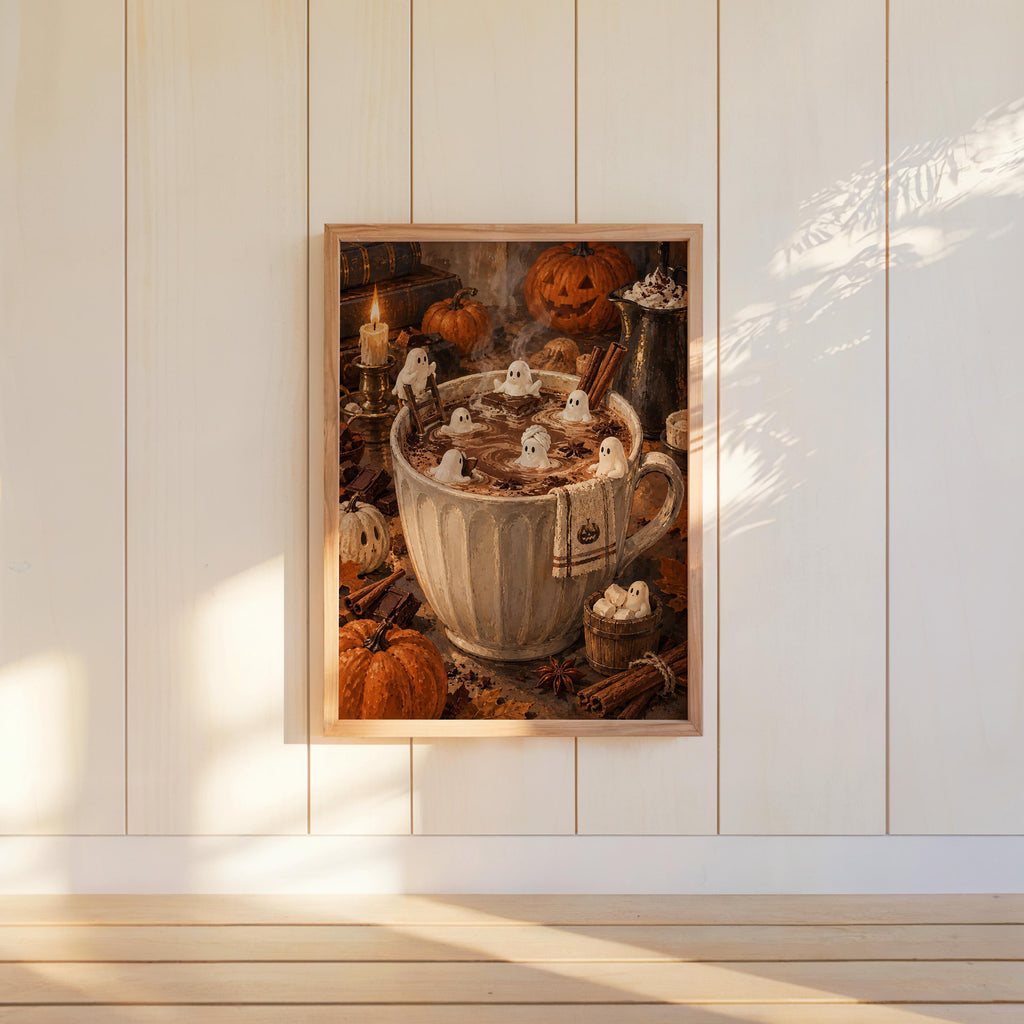 Halloween Hot Chocolate Wall Art, Tiny Marshmallow Ghosts Mug Print, Cozy Fall Decor, Whimsical Spooky Kitchen Poster, Miniature Autumn Gift
