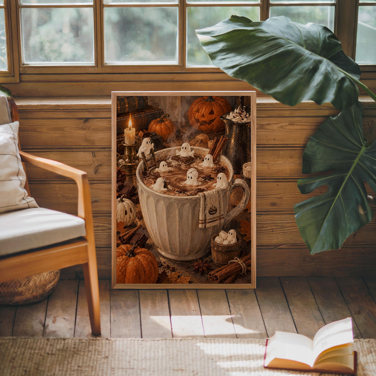Halloween Hot Chocolate Wall Art, Tiny Marshmallow Ghosts Mug Print, Cozy Fall Decor, Whimsical Spooky Kitchen Poster, Miniature Autumn Gift