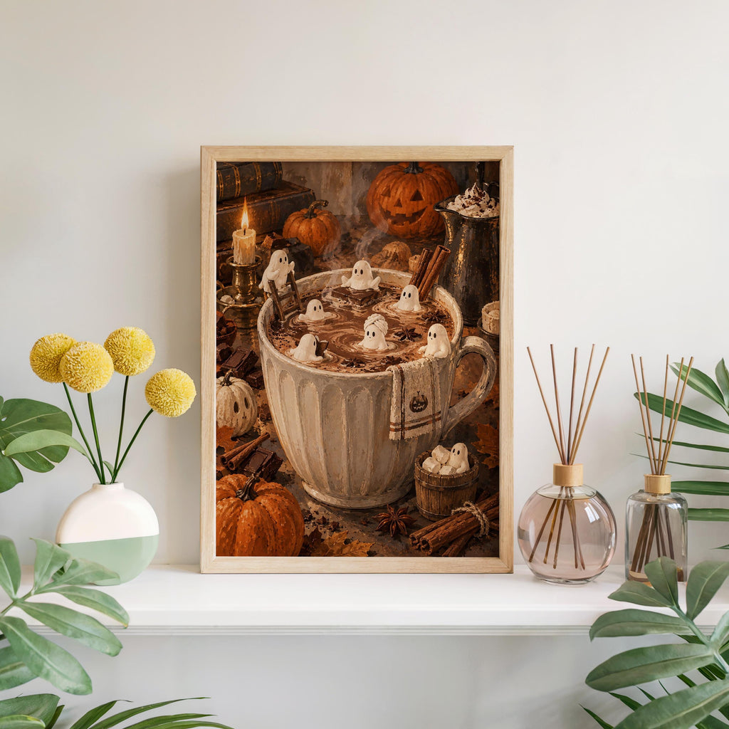 Halloween Hot Chocolate Wall Art, Tiny Marshmallow Ghosts Mug Print, Cozy Fall Decor, Whimsical Spooky Kitchen Poster, Miniature Autumn Gift