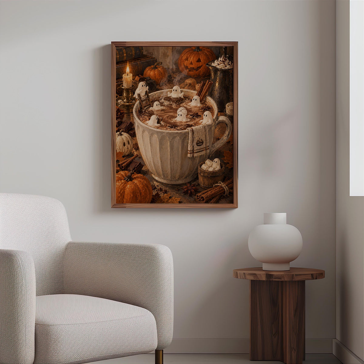 Halloween Hot Chocolate Wall Art, Tiny Marshmallow Ghosts Mug Print, Cozy Fall Decor, Whimsical Spooky Kitchen Poster, Miniature Autumn Gift