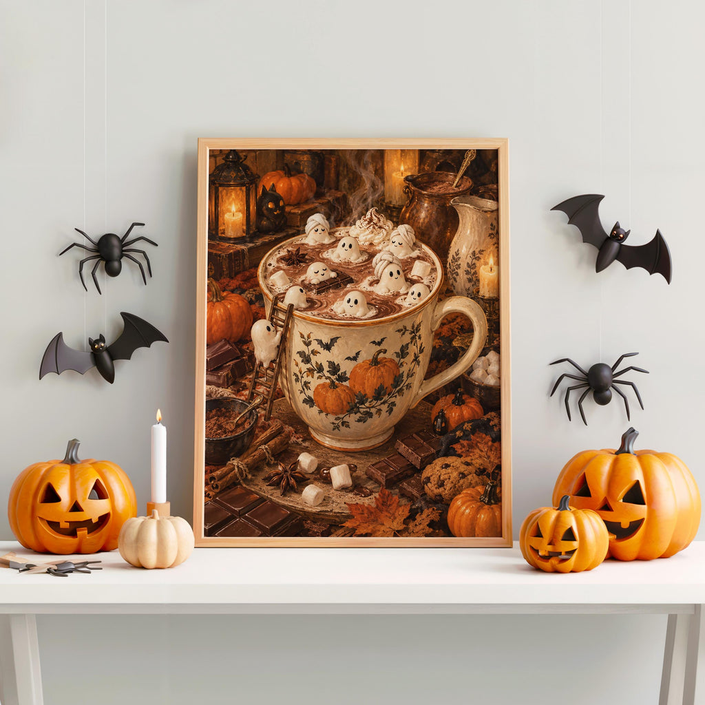 Halloween tiny people print on mantel with carved pumpkins and wall bats, whimsical marshmallow ghost art accents