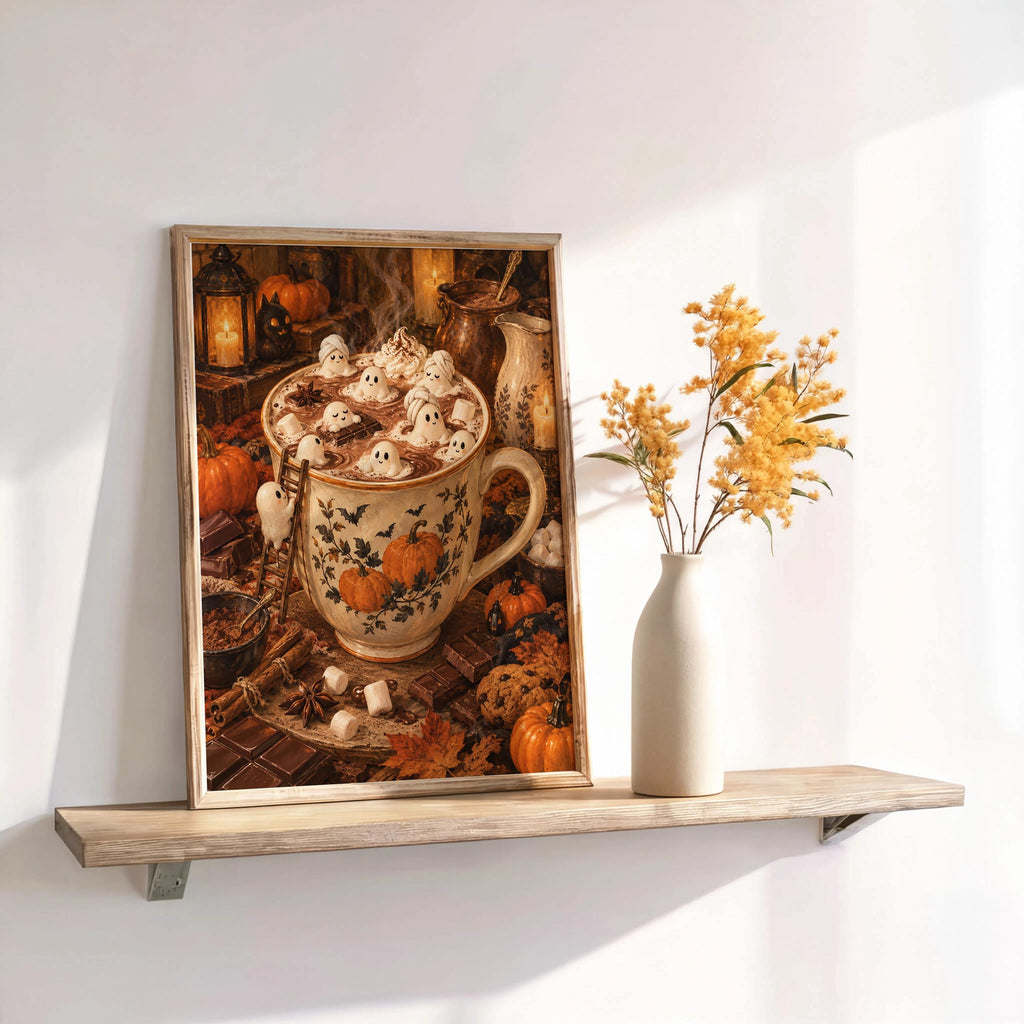 Halloween tiny people print on a floating shelf, dried flowers next to vintage Halloween poster vibes