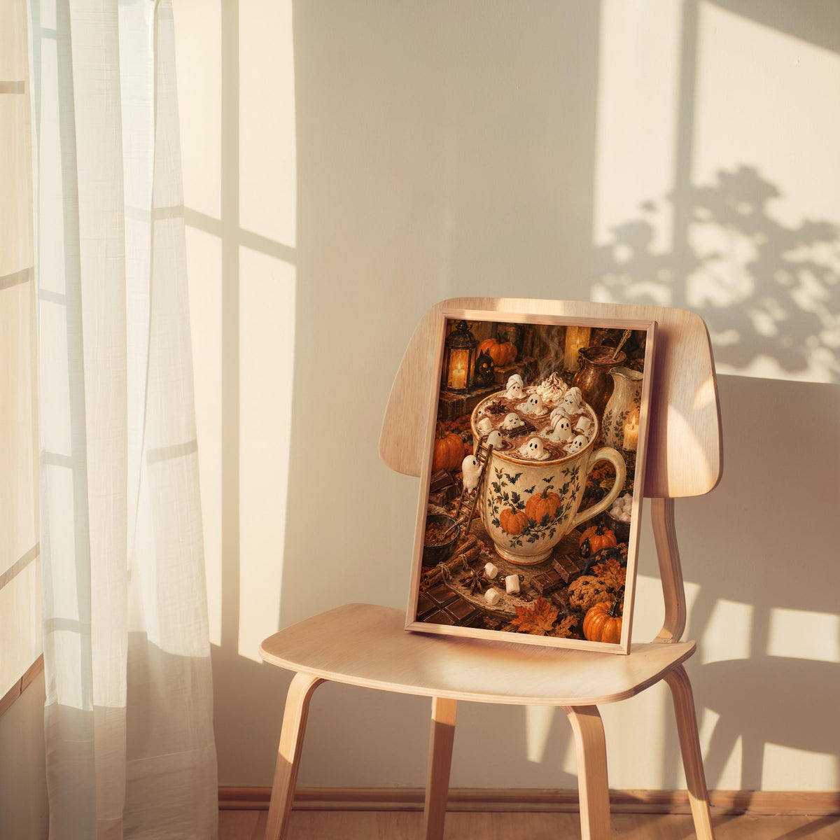 Small framed Halloween tiny people print perched on a chair beneath warm lamp light, tiny people art print charm
