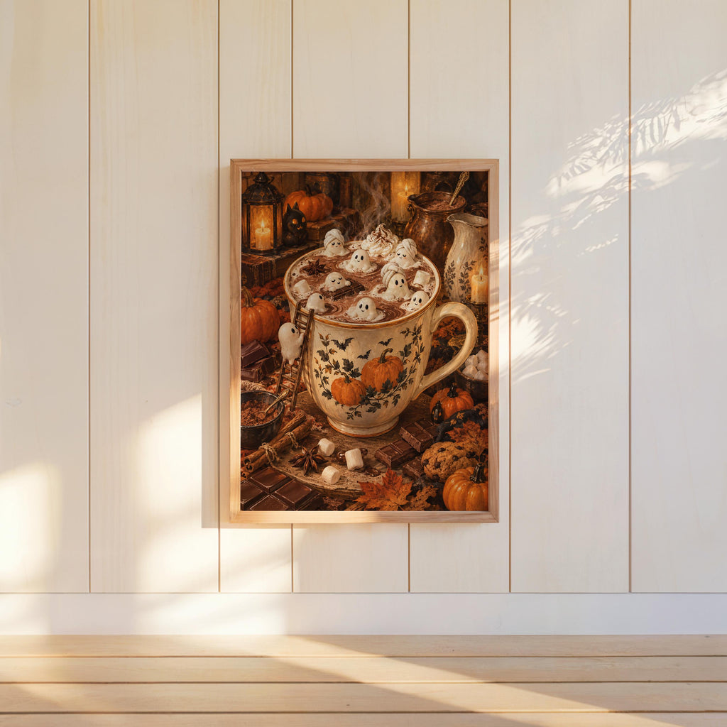 Halloween tiny people print hung on white paneled wall, autumn coffee bar decor tones and vintage feel