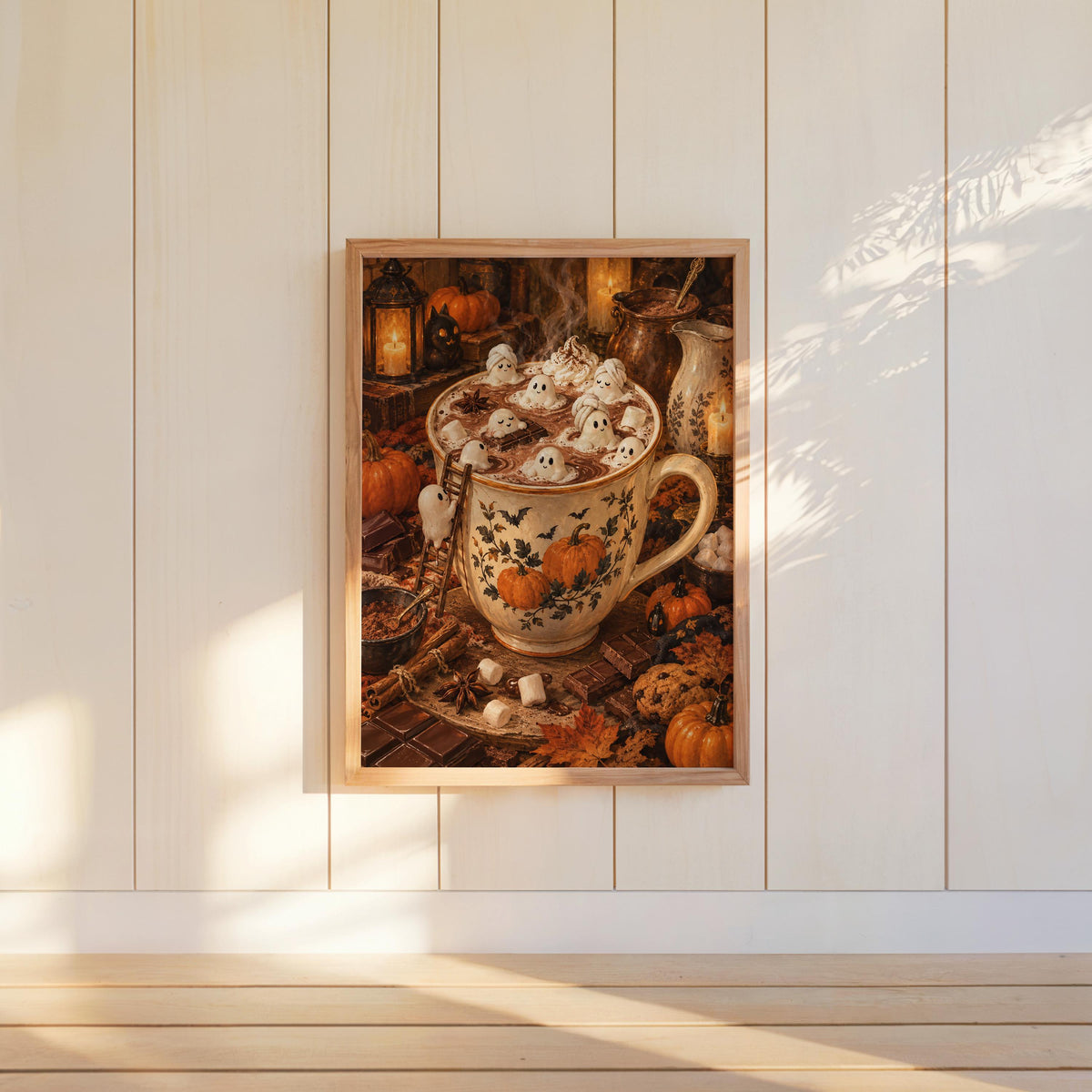 Halloween tiny people print hung on white paneled wall, autumn coffee bar decor tones and vintage feel