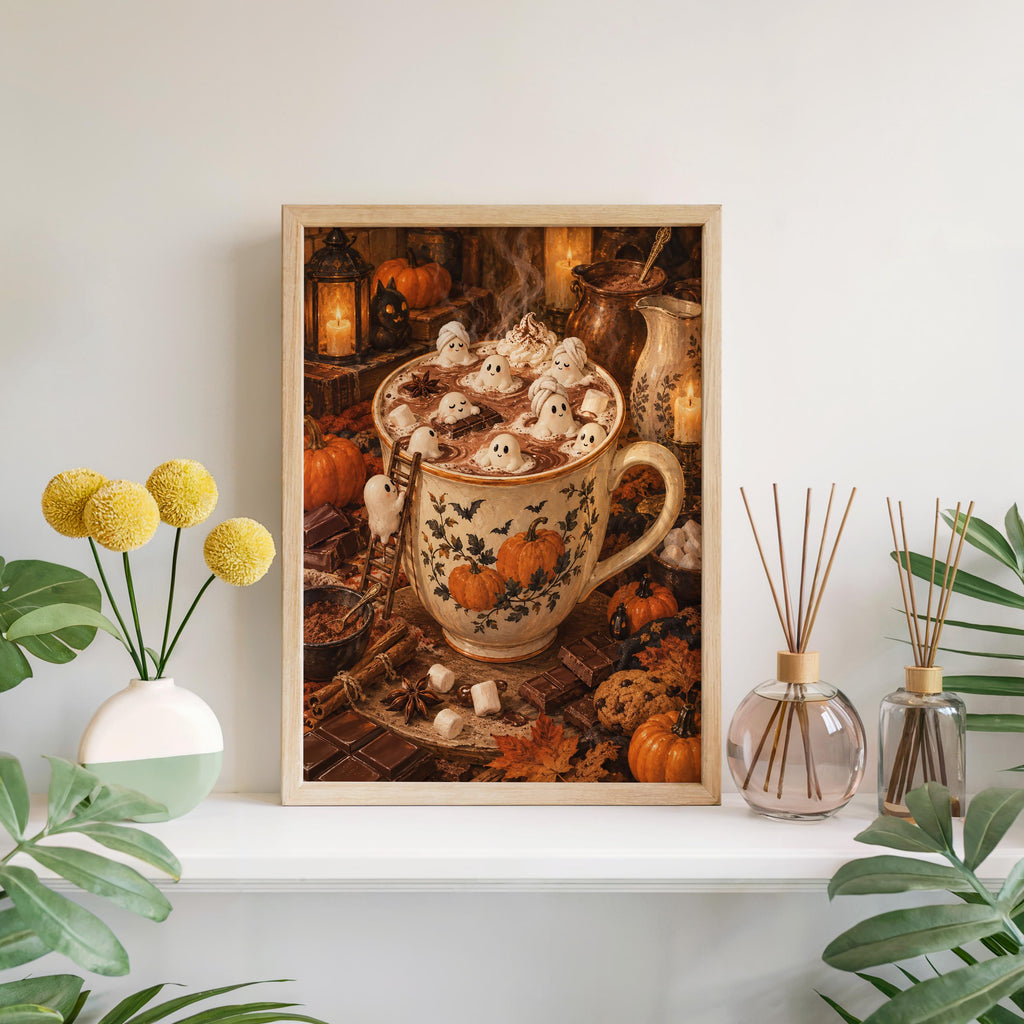 Framed Halloween tiny people print hung above vases and yellow blooms, Halloween hot chocolate print centerpiece