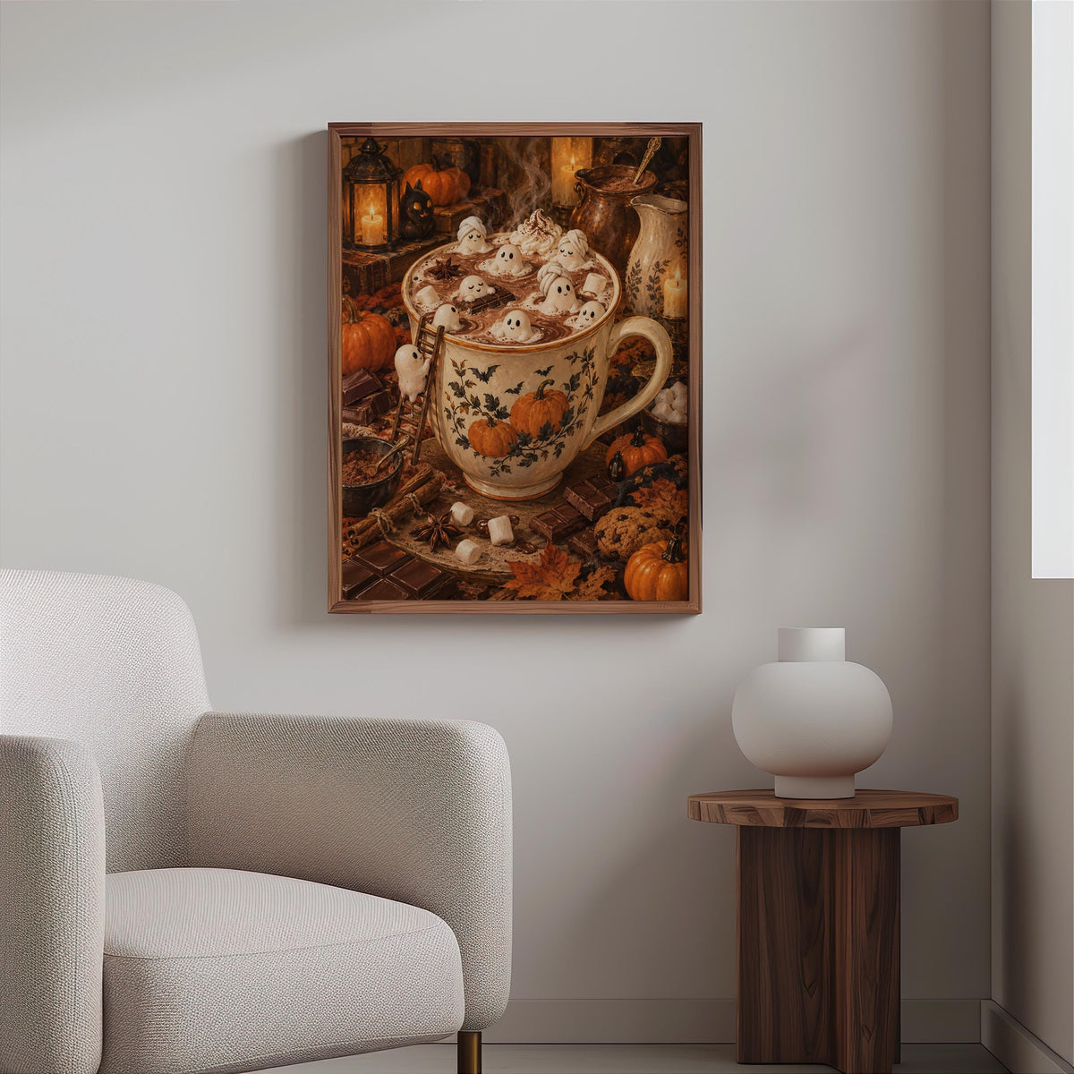 Framed Halloween tiny people print on a neutral wall above a chair, vintage Halloween poster style and cozy hues