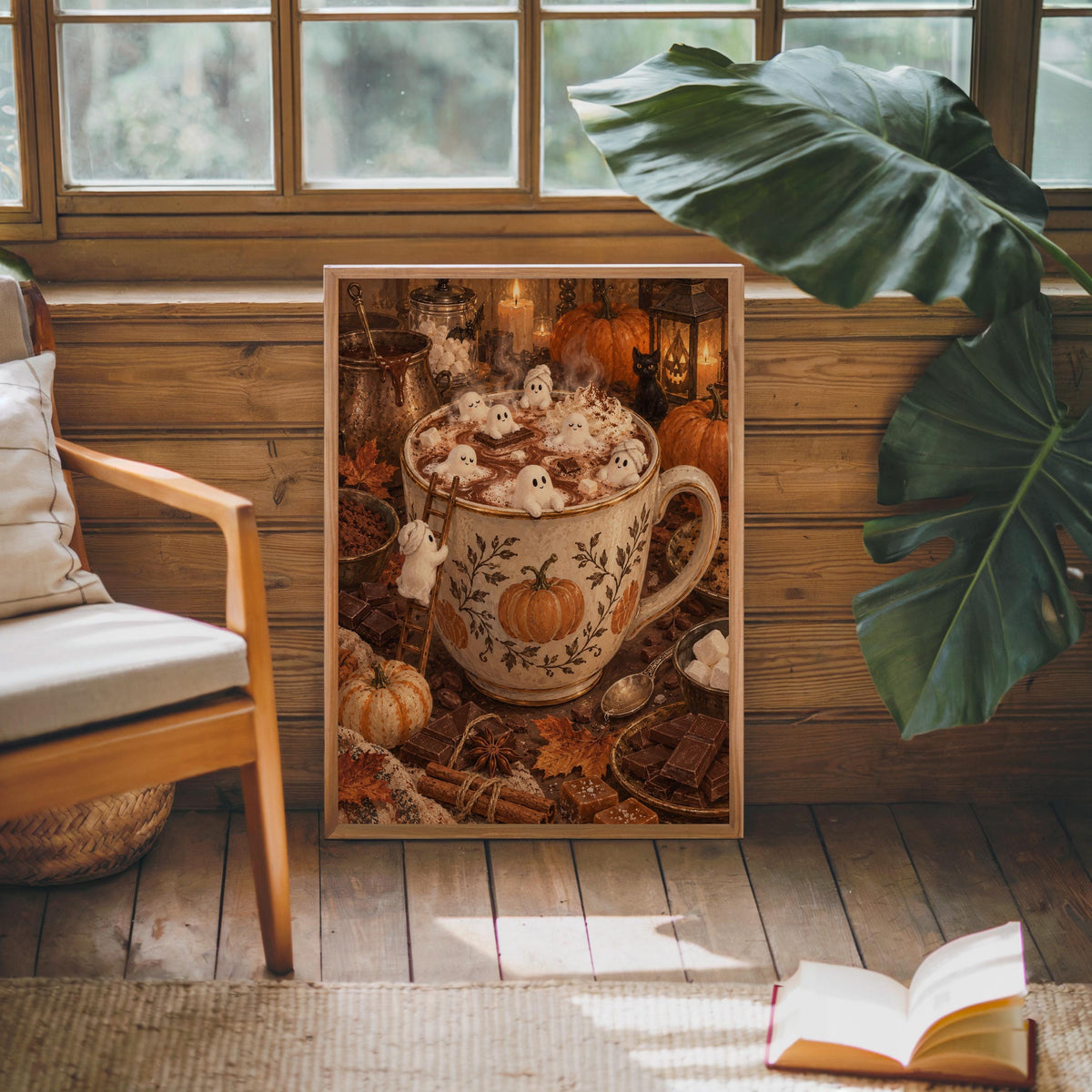 Halloween hot cocoa wall art near a wooden chair and large plant, rustic autumn kitchen wall art styling