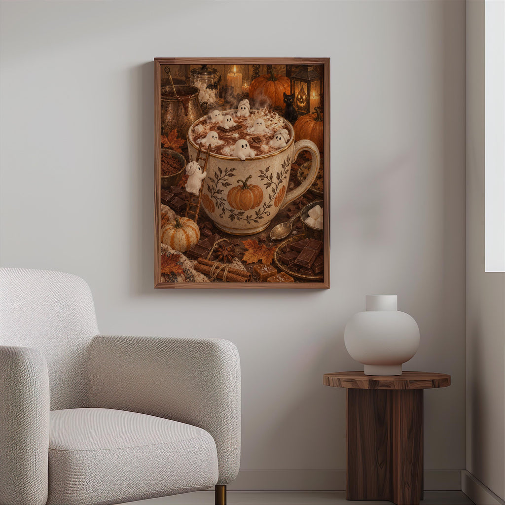 Vintage Halloween art print hung above a textured armchair and wooden stool, calm neutral styling