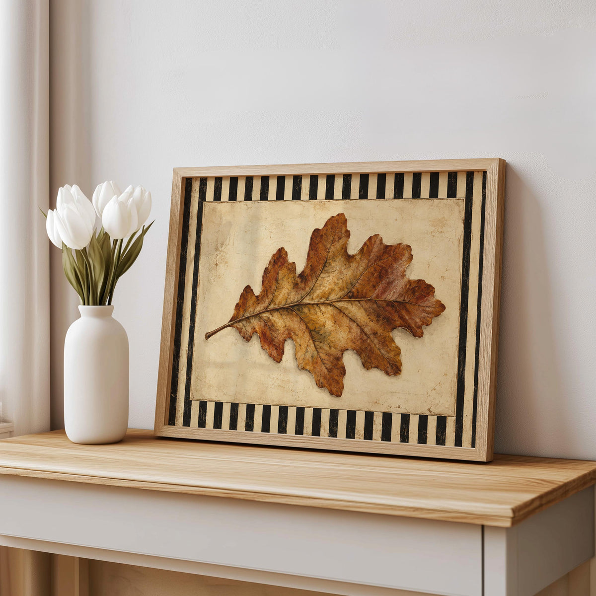 Autumn Oak Leaf Print, Rustic Retro Wall Art, Antique Botanical Poster, Black & White Striped Decor, Farmhouse Fall Gift